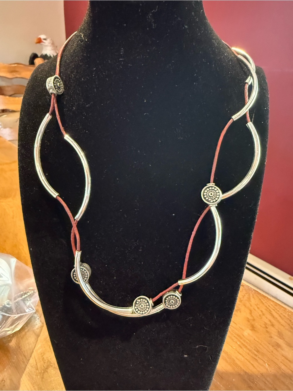 Silver-Tone Tube & Maroon Cord Statement Necklace - Unbranded